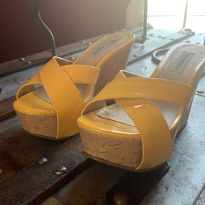 Steve Madden, yellow patent leather cork wedges